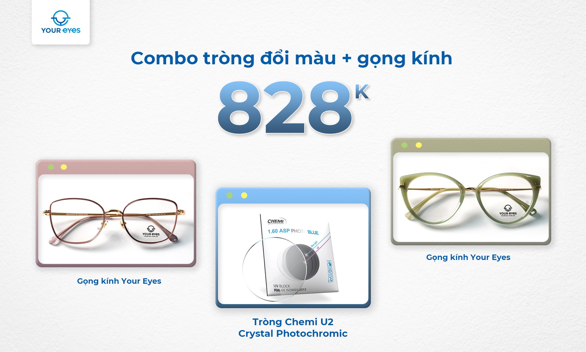 Combo tròng đổi màu + gọng kính 828k